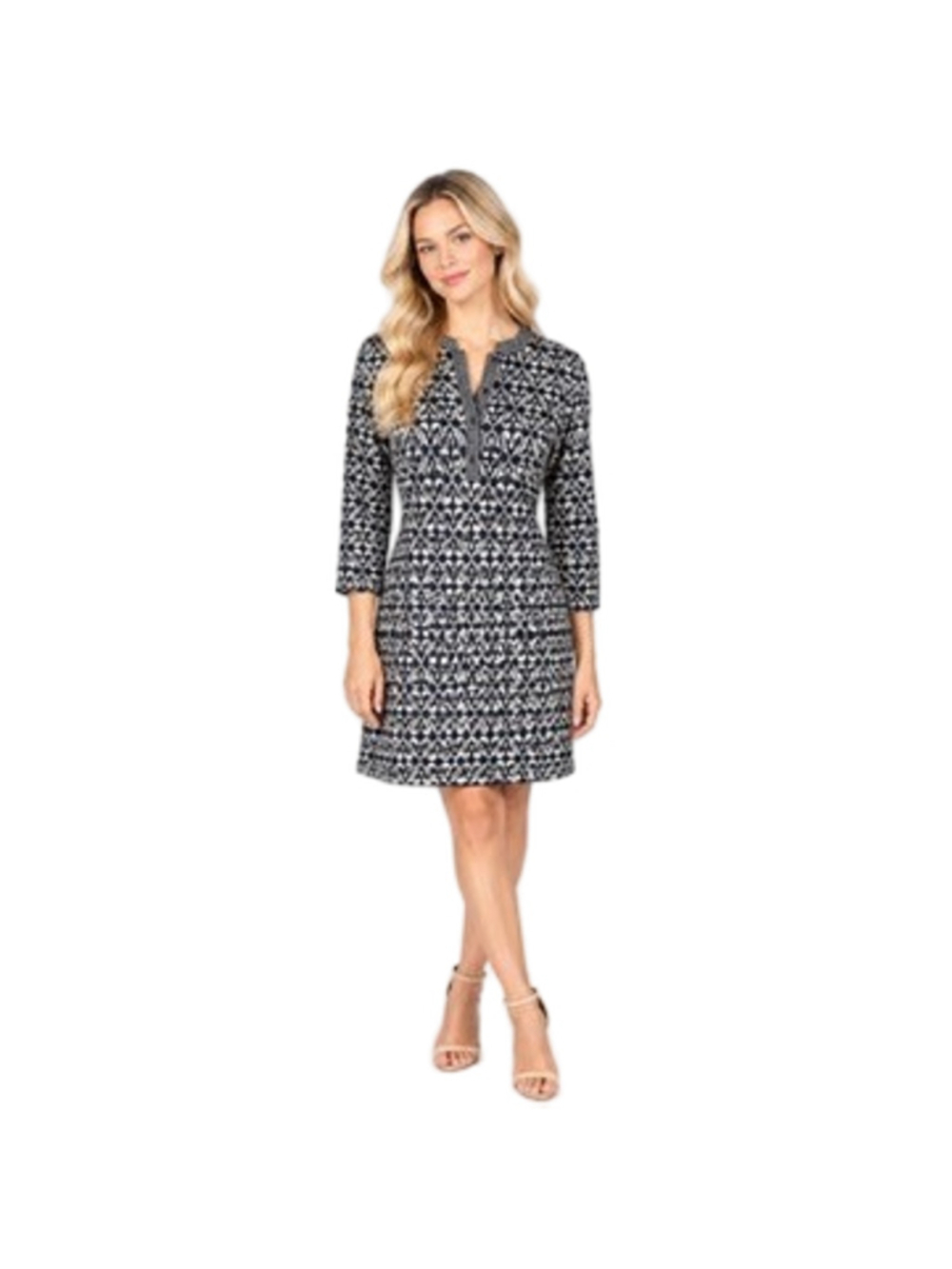 J. McLaughlin Catalina Cloth Shift Dress Black Ivory Geometric Henley Size S